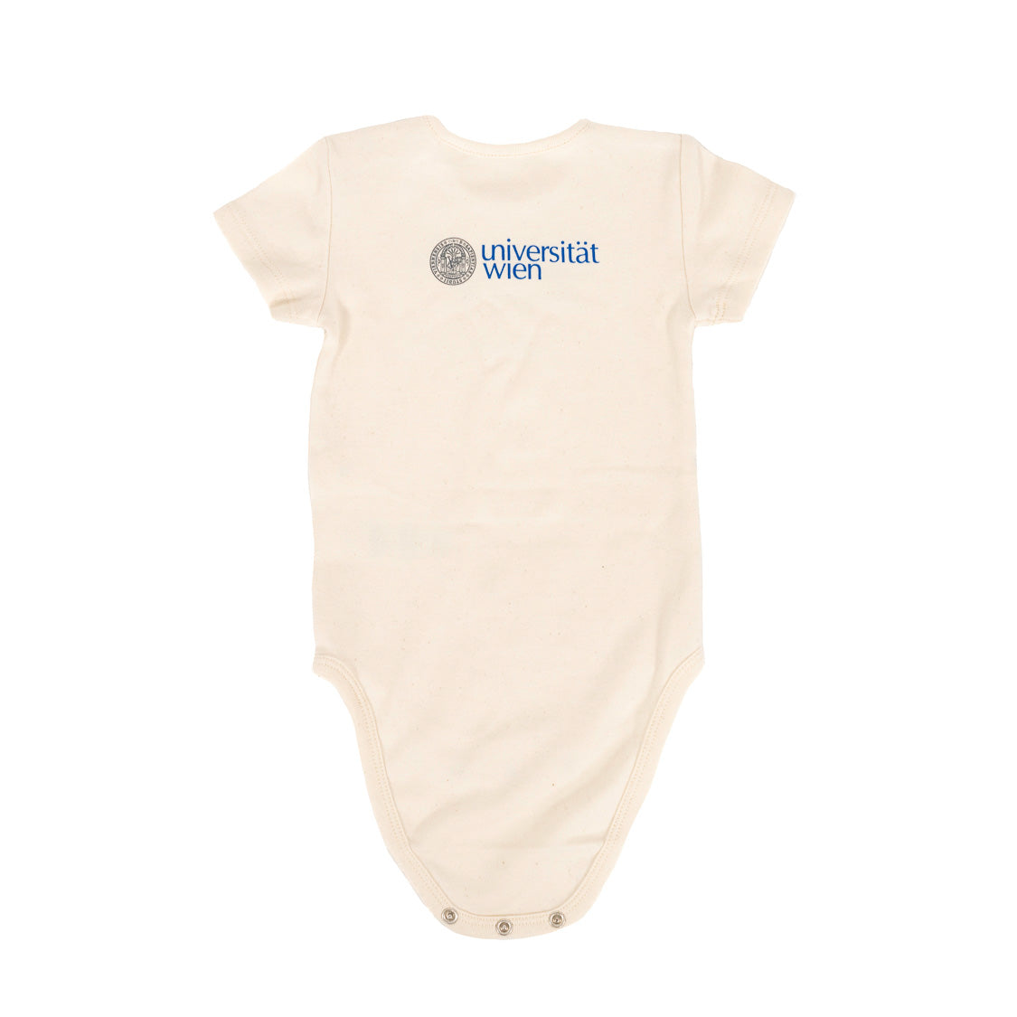 Rückansicht: cremefarbener Baby-Body, Kurzarm, mit blauem „Universität Wien“-Logo oben und Druckknöpfen am Schritt.