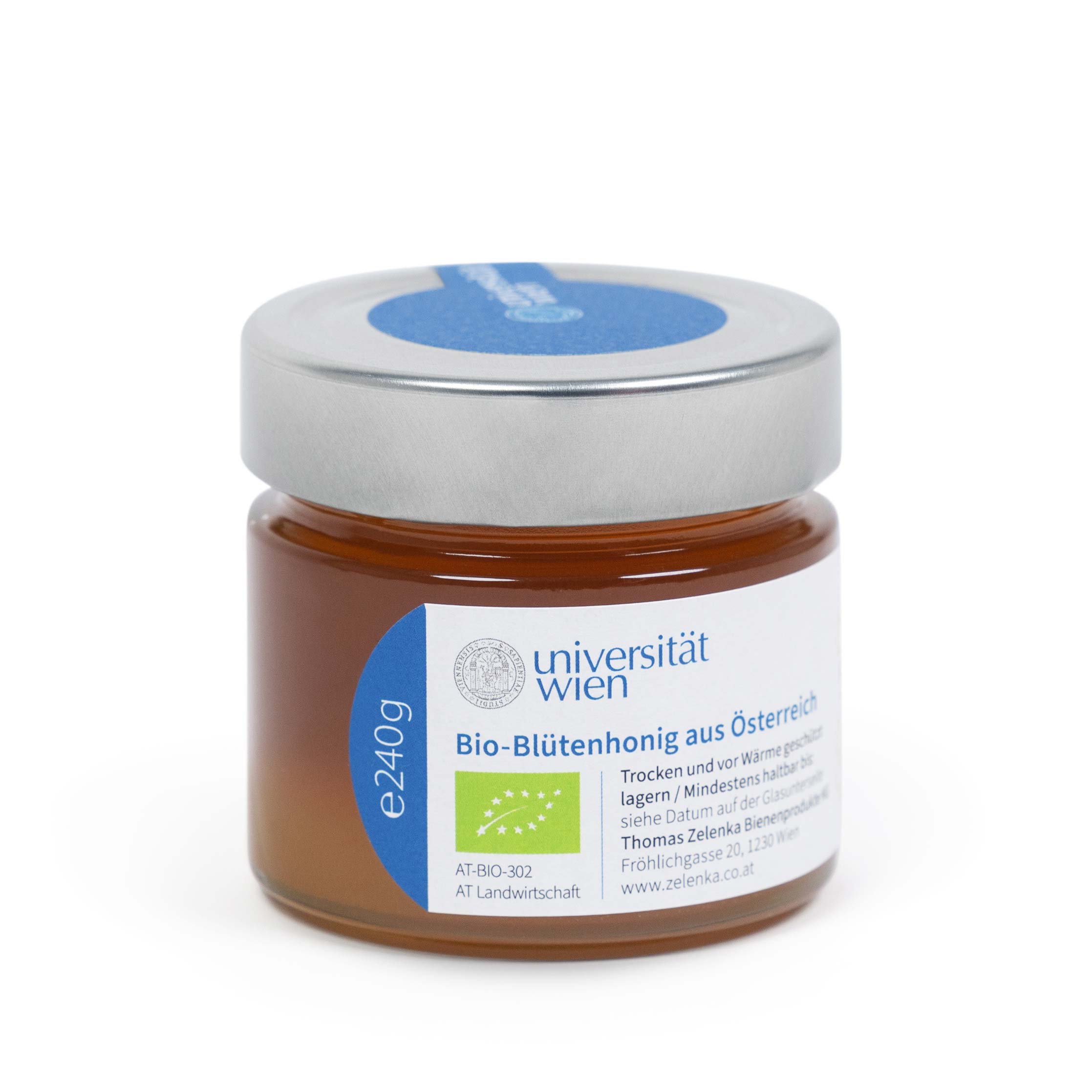 Bio-Stadthonig mit Hinweis auf Inhaltsmenge von 240 Gramm und auf den Produzenten Thomas Zelenka.