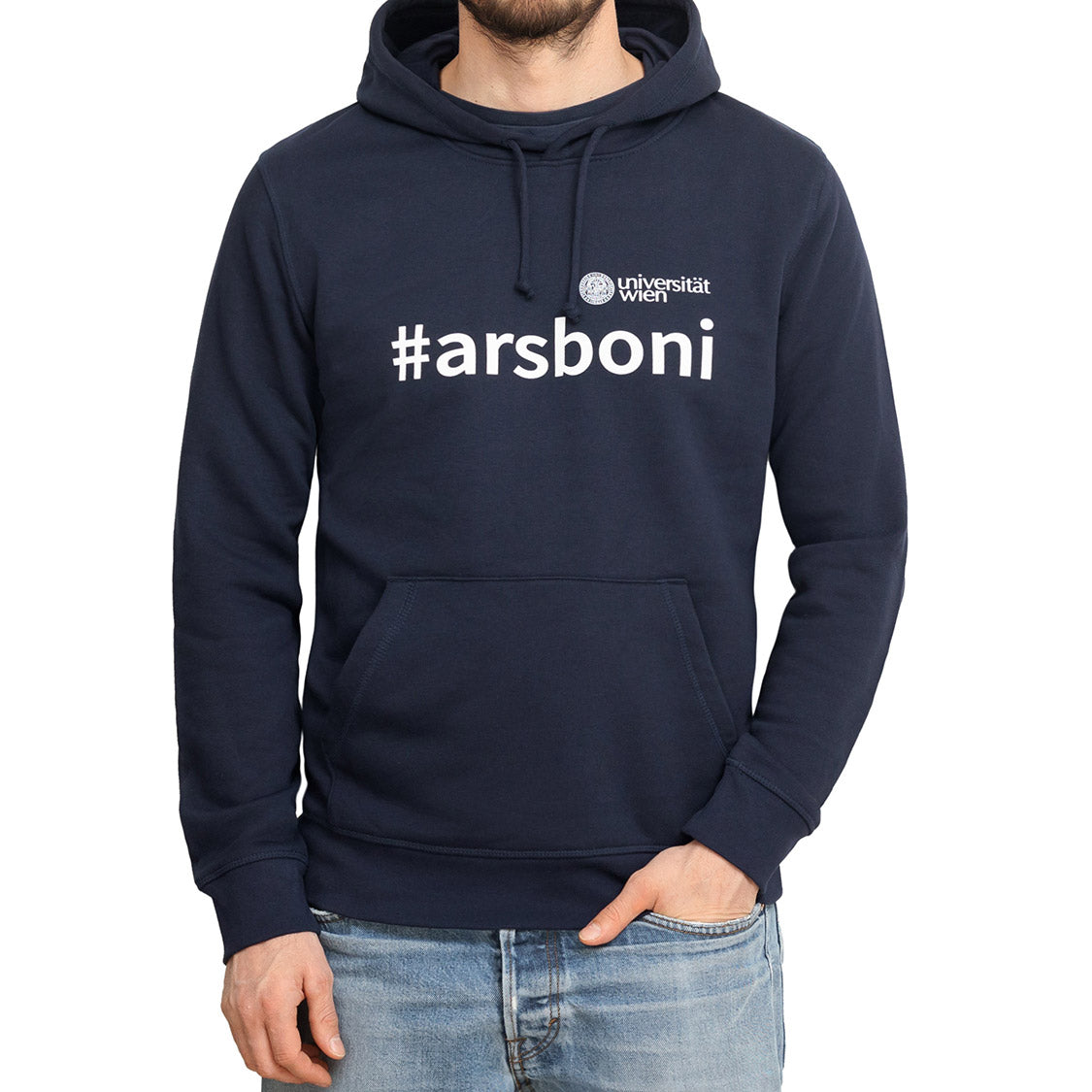 Dunkelblauer Hoodie mit Kängurutasche und Kordeln; vorn großer weißer Schriftzug „#arsboni“ und daneben das Logo „Universität Wien“.