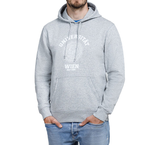 Hellgrauer Hoodie mit Kängurutasche; vorne weißes Siegel und Schriftzug „UNIVERSITÄT WIEN – SEIT 1365“.