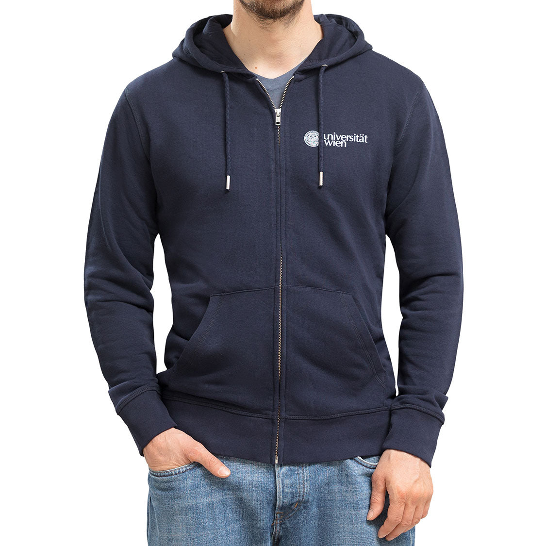 Dunkelblauer Zip‑Hoodie mit Kordeln und Kängurutasche; links auf der Brust weißes „Universität Wien“-Logo mit Siegel.