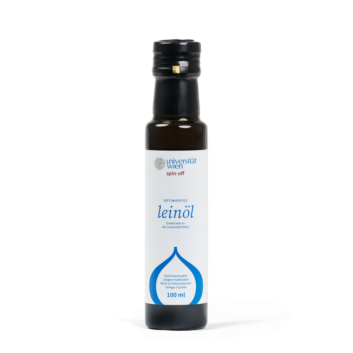 Leinöl-Flasche mit weißem Etikett und Aufdruck des Logos der Universität Wien und Info, dass das Leinöl an der Universität Wien entwickelt wurde. Weitere Hinweise auf die lange Haltbarkeit des Produkts und auf die Menge des Inhalts (100 Mililiter).