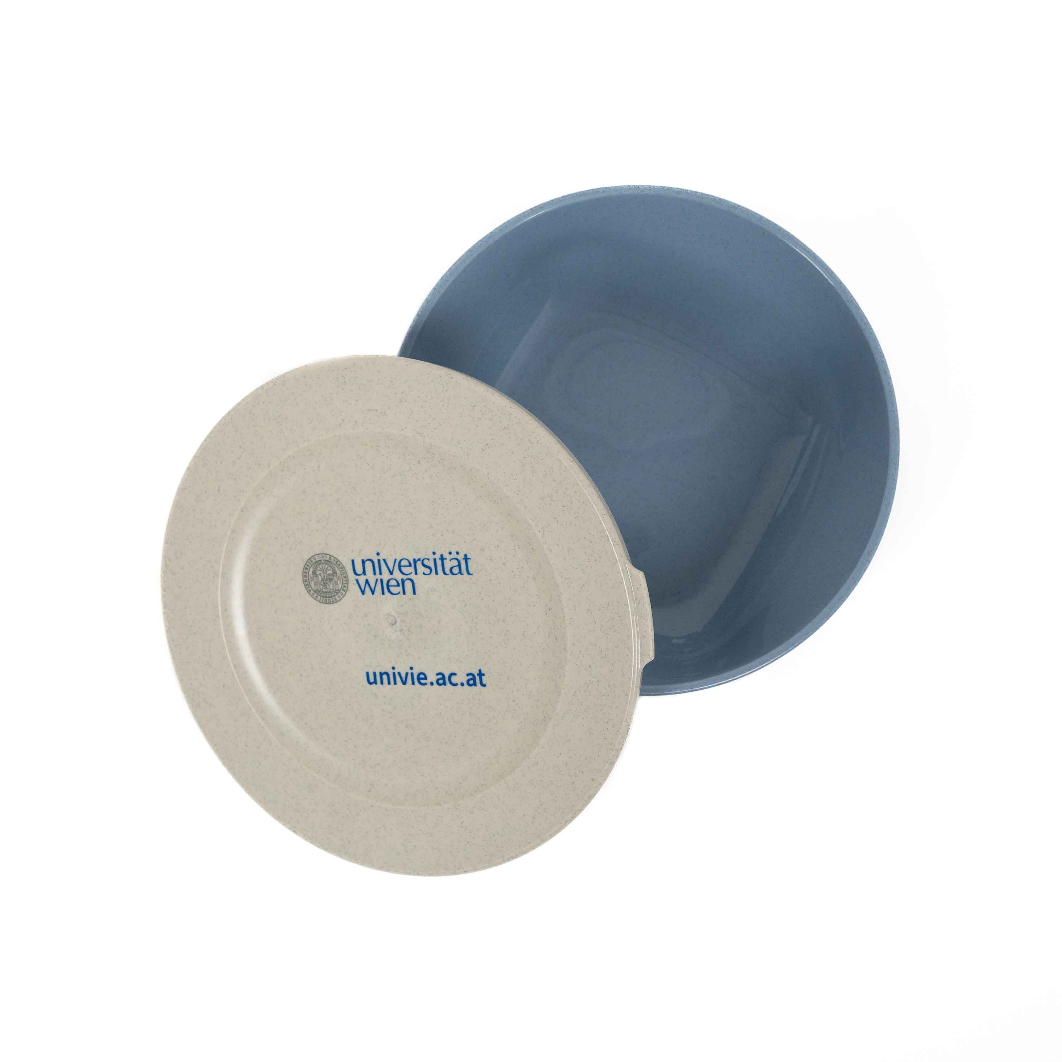 Abbildung einer Lunchdose mit Aufdruck des Logos der Universität Wien und der URL der Website univie.ac.at