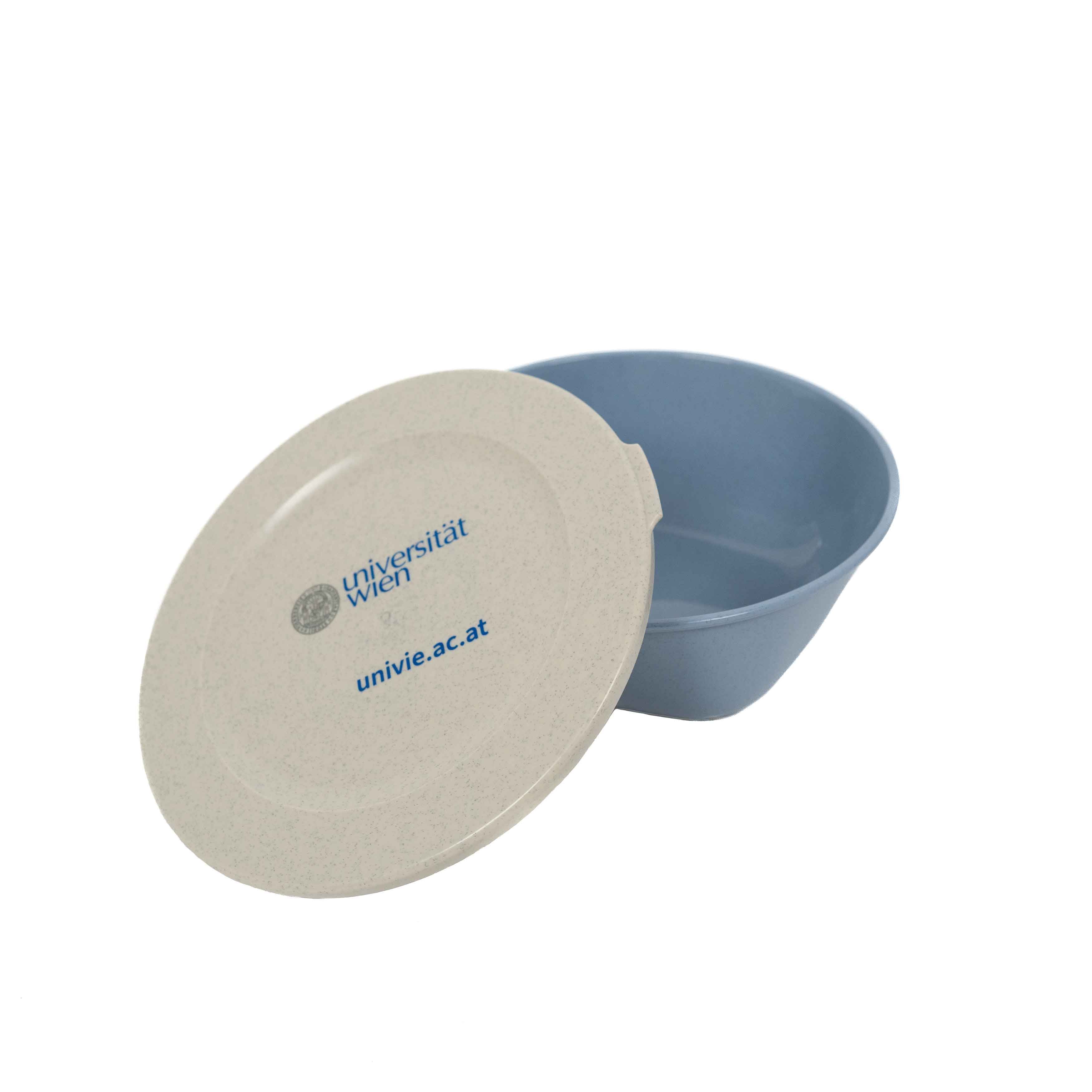 Abbildung einer Lunchdose mit Aufdruck des Logos der Universität Wien und der URL der Website univie.ac.at
