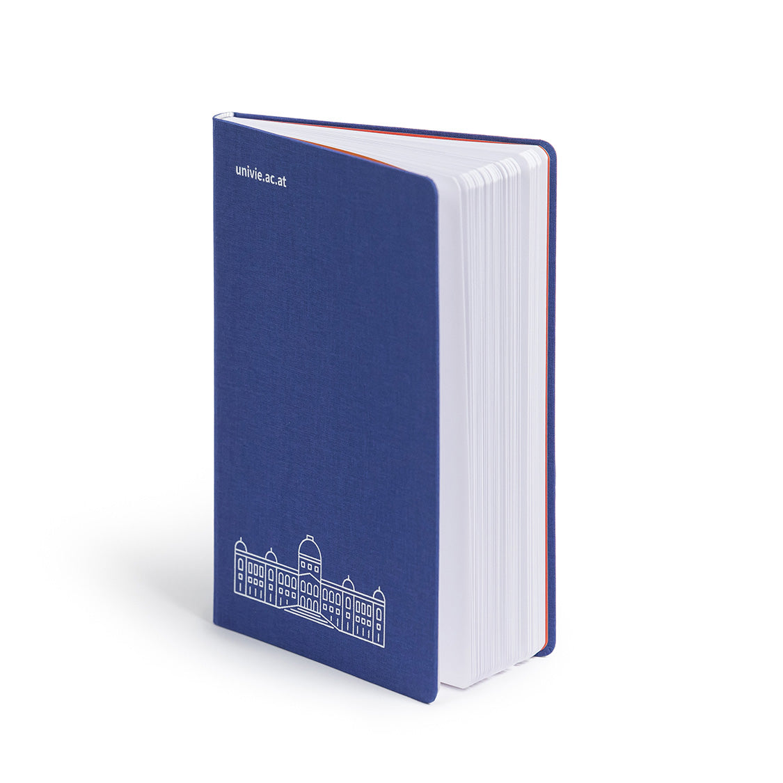 Blaues Notizbuch mit Leinenoberfläche, mit Aufdruck der Silhouette des Hauptgebäudes der Universität Wien und der URL univie.ac.at in weißer Farbe auf der Vorderseite.