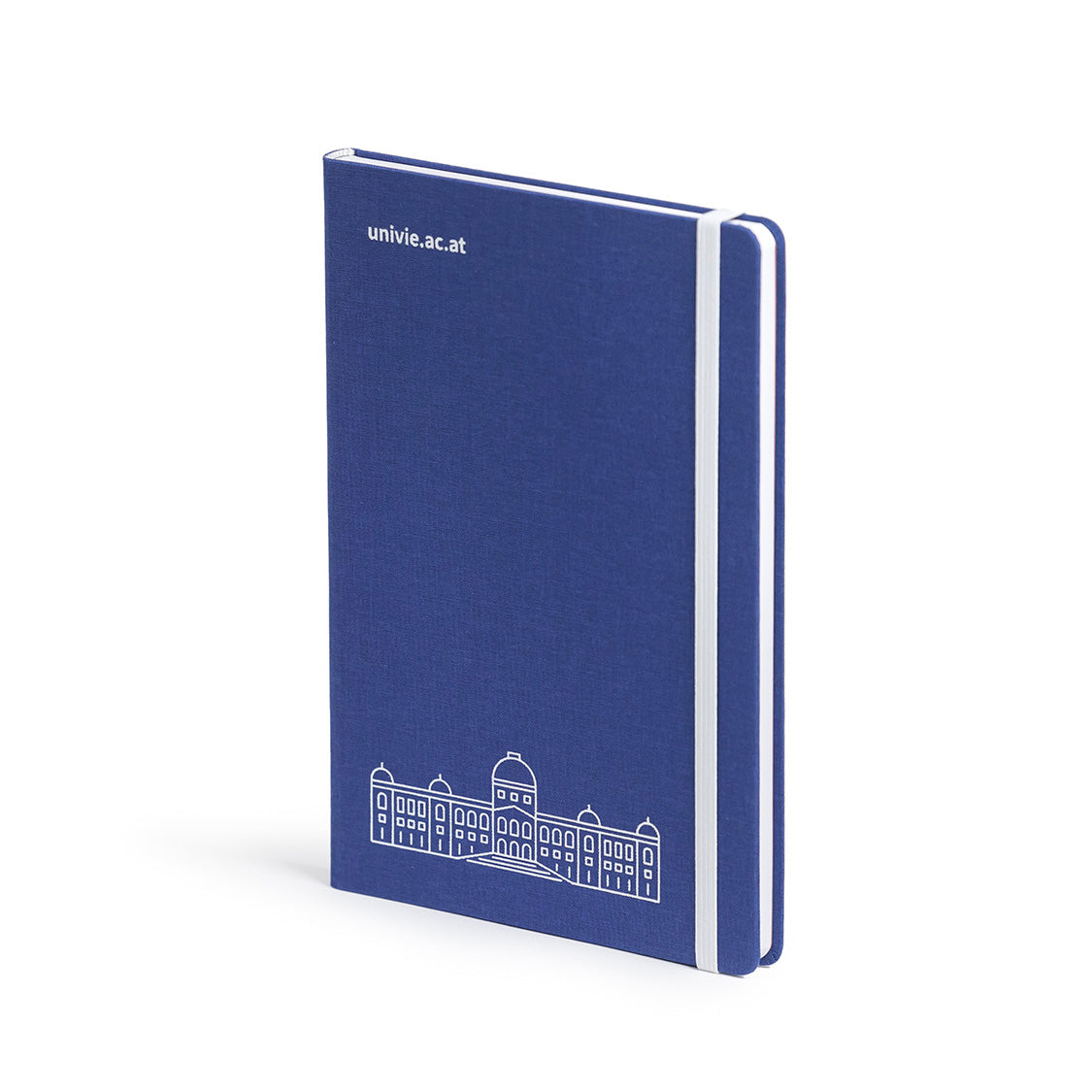 Blaues Notizbuch mit Leinenoberfläche, mit Aufdruck der Silhouette des Hauptgebäudes der Universität Wien und der URL univie.ac.at in weißer Farbe auf der Vorderseite.