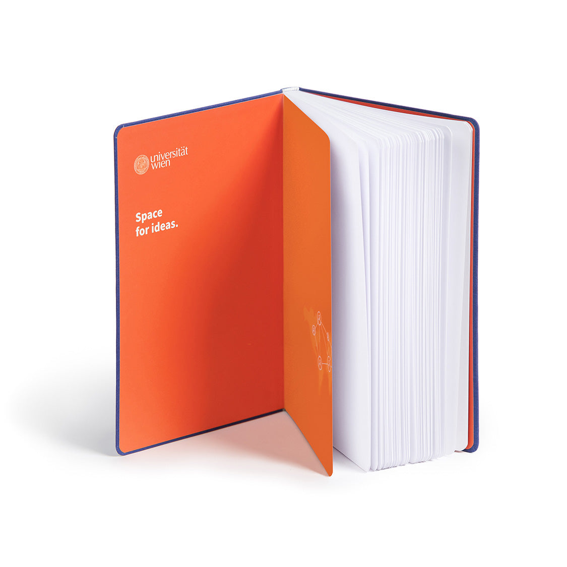 Innenseite des Notizbuchs, die ersten beiden Seiten vollflächig orange, bedruckt mit Logo der Universität Wien und dem Spruch "Space for ideas".
