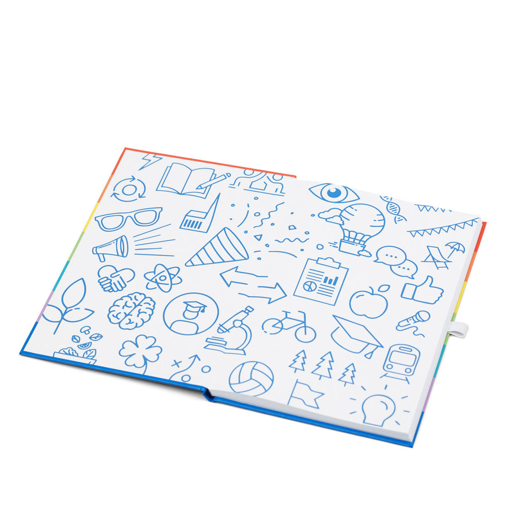 Notizbuch, aufgeklappt. Im Inneren zwei Dutzend Icons in blau, darunter Sonenbrille, Fahrrad, Doktorhut und andere studienverwandte Motive.