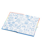 Notizbuch, aufgeklappt. Im Inneren zwei Dutzend Icons in blau, darunter Sonenbrille, Fahrrad, Doktorhut und andere studienverwandte Motive.