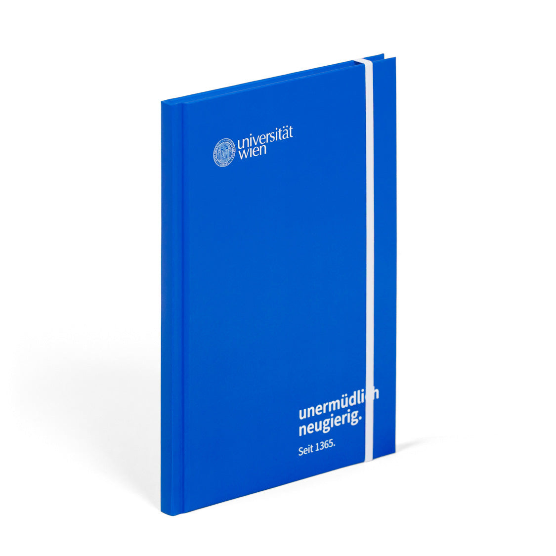 Cover des Notizbuchs, vollflächig blau, mit Logo der Universität Wien und dem Claim "unermüdlich neugierig" in weiß bedruckt.