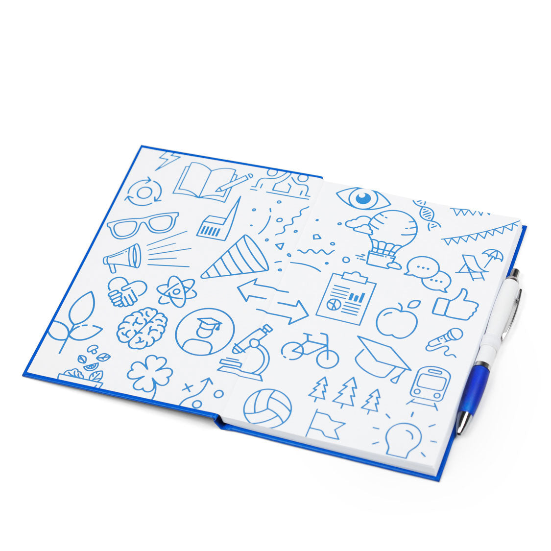Notizbuch, aufgeklappt. Im Inneren zwei Dutzend Icons in blau, darunter Sonenbrille, Fahrrad, Doktorhut und andere studienverwandte Motive.