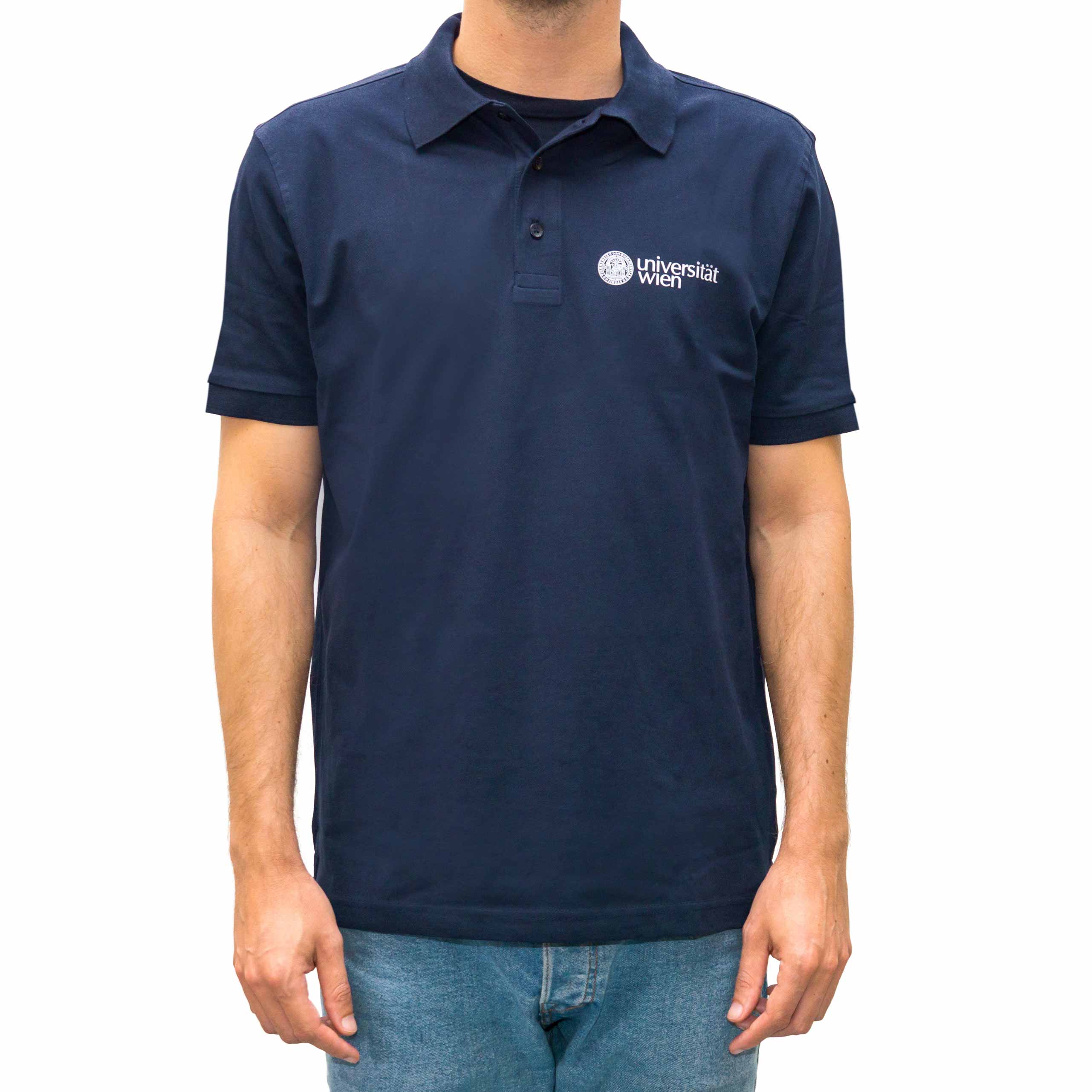 Dunkelblaues Polohemd mit kurzer Knopfleiste; links auf der Brust weißes „Universität Wien“-Logo mit Siegel.