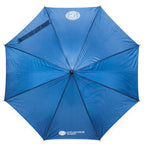 Vogelperspektive des blauen Regenschirms, an einem Ende bedruckt mit Logo der Universität Wien, am anderen Ende mit dem Siegel des Logos (beides in weiß).