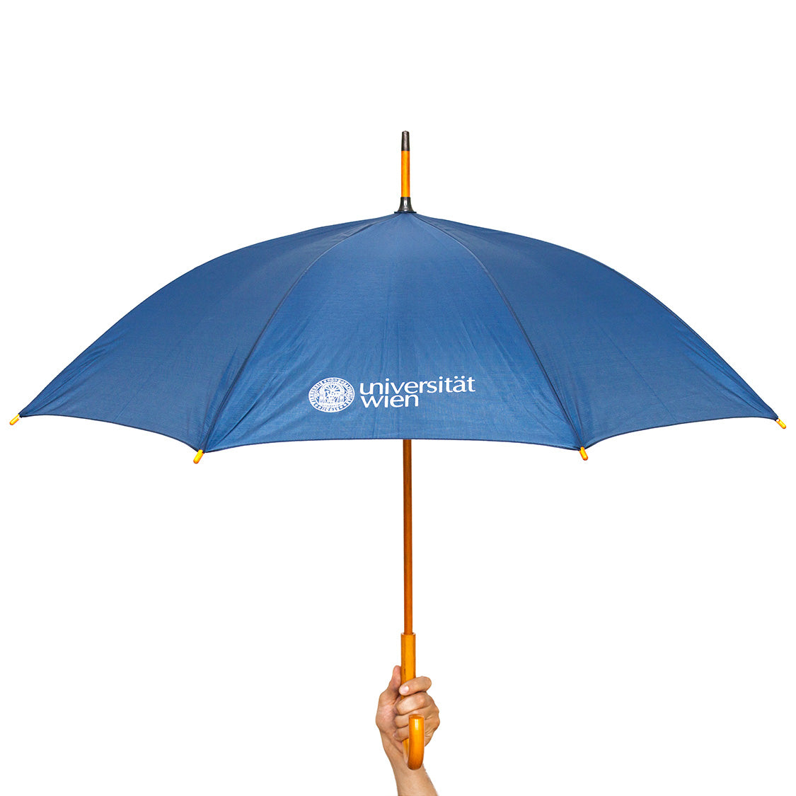 Abbildung eines blauen Regenschirms mit Holzgriff, auf dem Schirm ist in weiß das Logo der Universität Wien aufgedruckt.