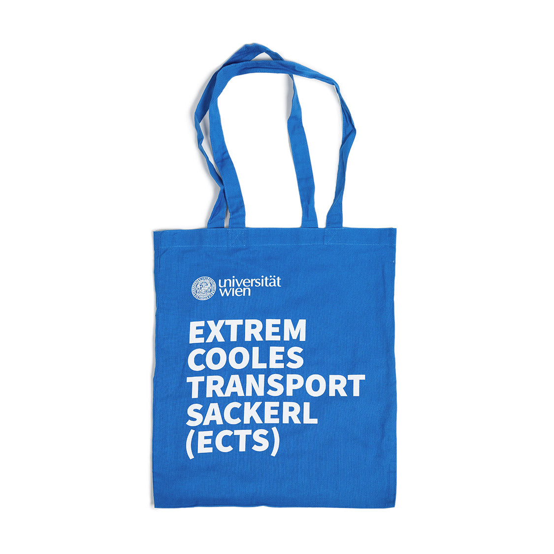 Blaue Stofftasche mit langen Henkeln. Oben links das Logo „Universität Wien“. Groß in Weiß bedruckt: „EXTREM COOLES TRANSPORT SACKERL (ECTS)“.