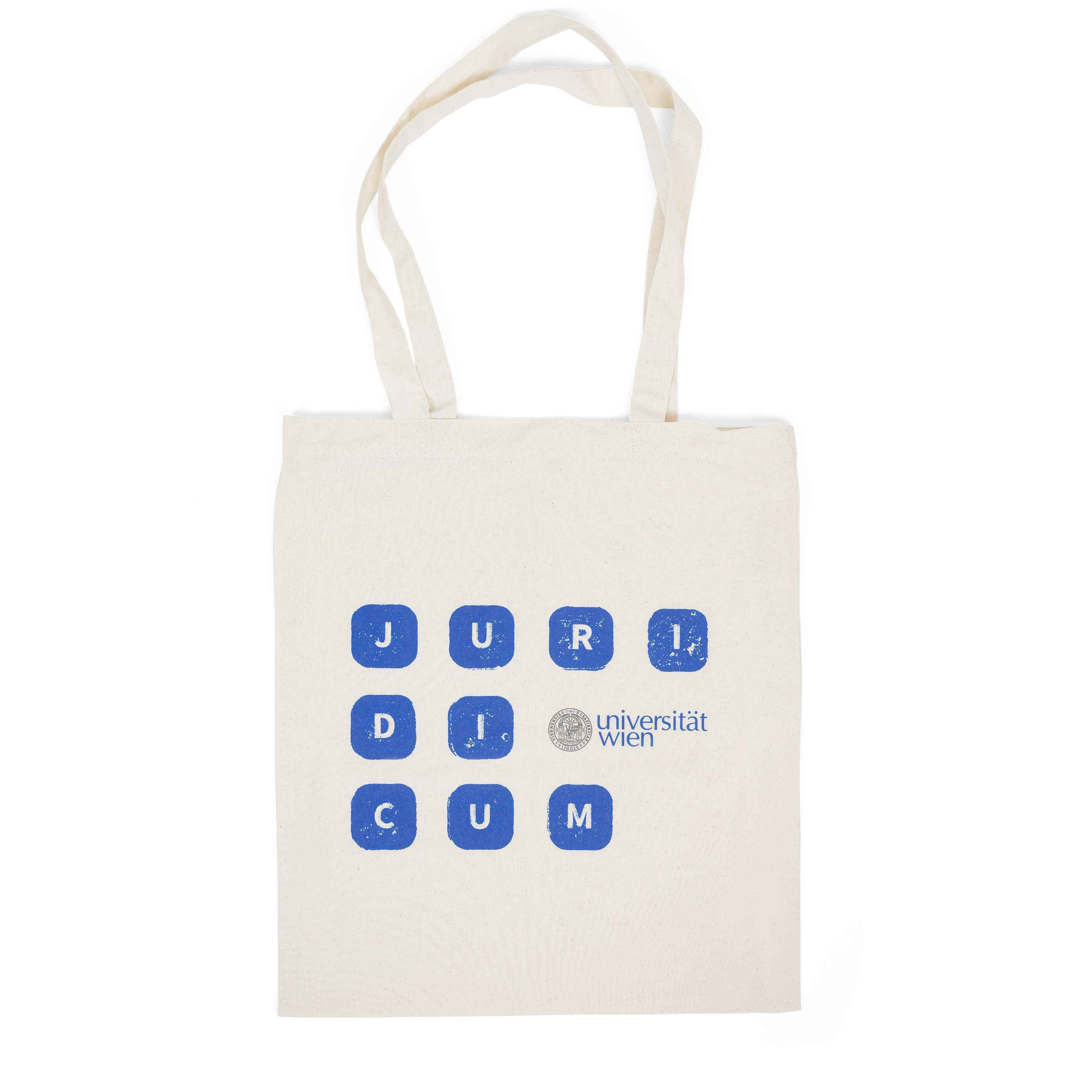 Naturfarbene Umhängetasche mit zwei Henkeln und blauem dreizeiligem Aufdruck in Kachelform mit Schriftzug "Juridicum" und farbigem Logo der Universität Wien in der zweiten Zeile.