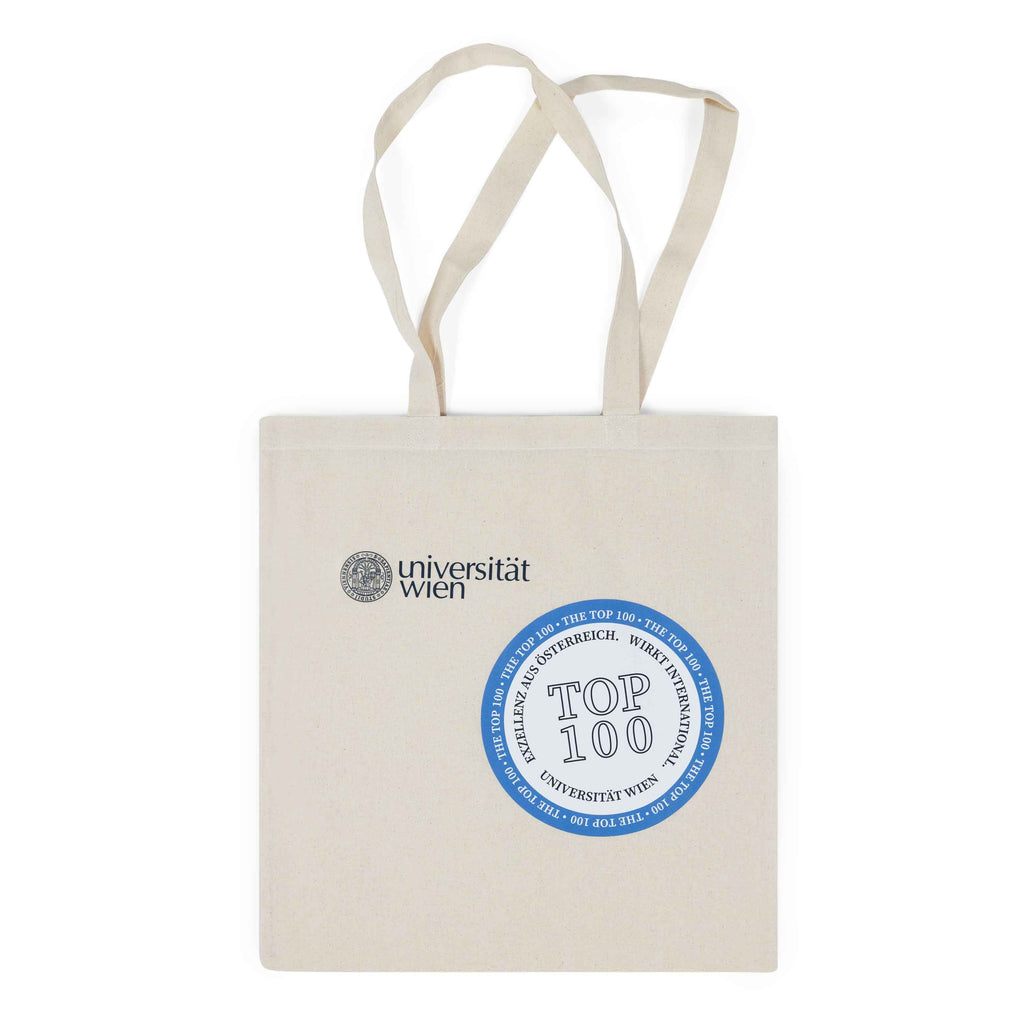 Helle Canvas‑Tote mit langen Henkeln; links oben das Logo der Universität Wien, darunter ein runder blauer „TOP 100“-Badge mit umlaufender Schrift.