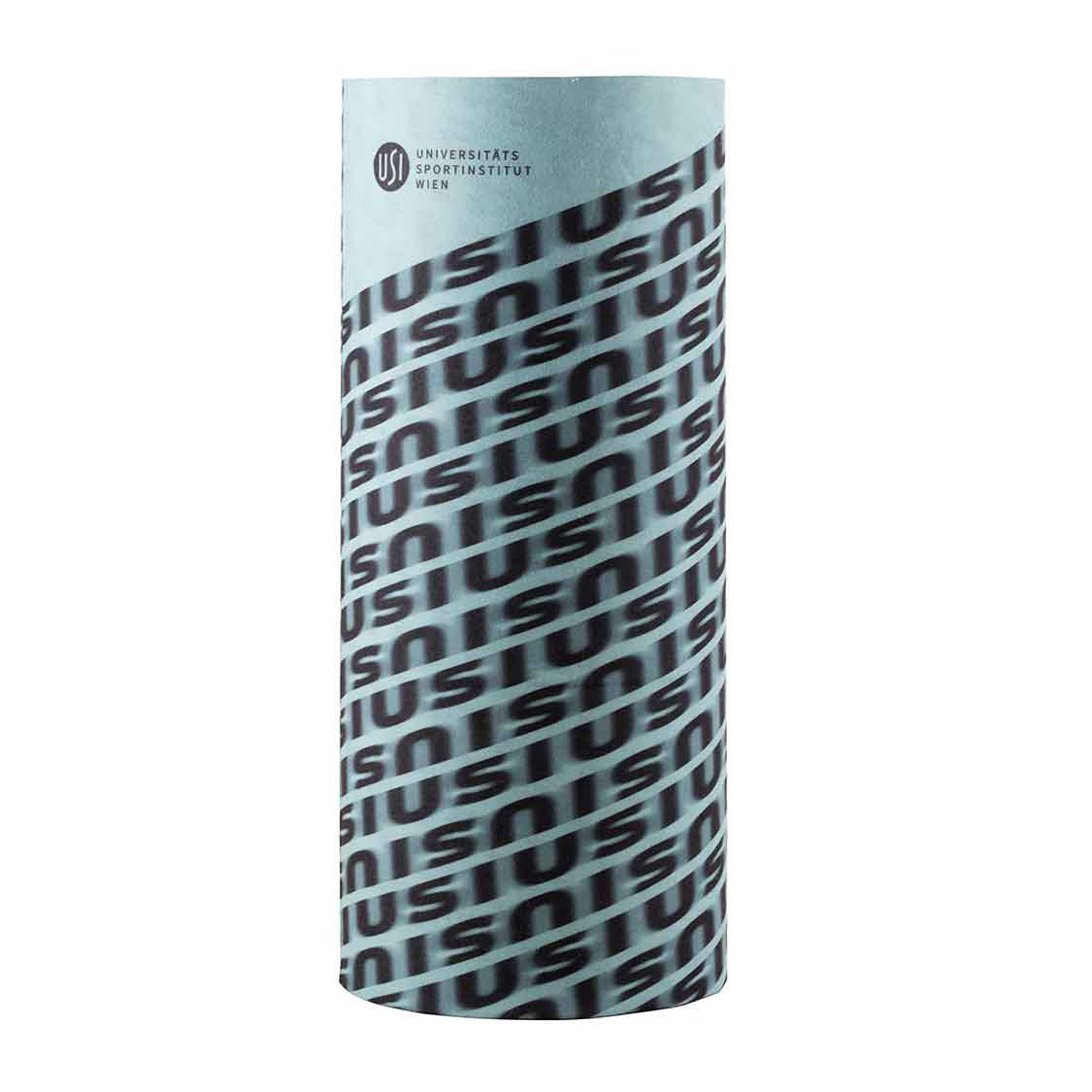 Türkisfarbener Schlauchschal im USI‑Design, diagonal mit „USI“-Schriftzug gemustert; oben das Logo „Universitäts-Sportinstitut Wien“.