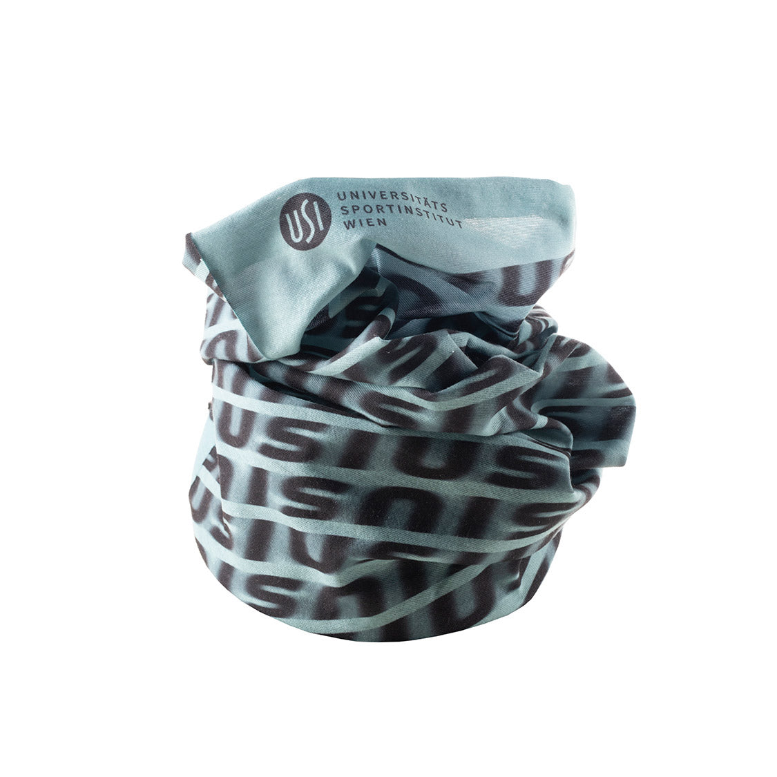 Türkisfarbener Schlauchschal mit dunkelgrauem „USI“-Muster; am Rand Logo und Schrift „Universitäts Sportinstitut Wien“.